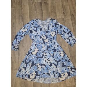 Old Navy Floral Print Dress Long Sleeve V-Neck Blue White boho‎ western M 076
